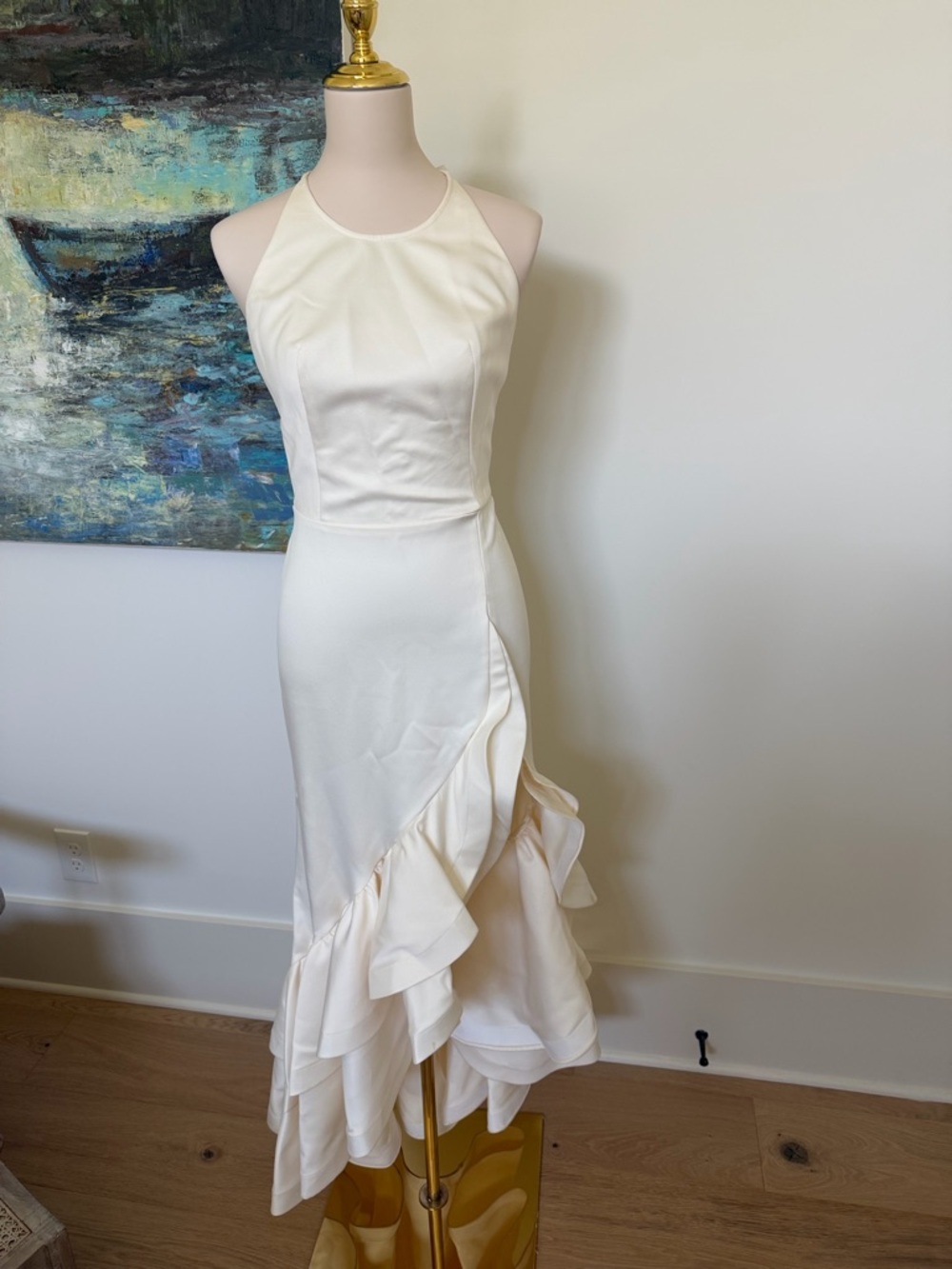 Bronx and Banco Cream High-Low Halter Ruffle Gown Small - Picture 2 of 7